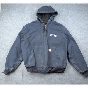 Carhartt Canvas Jacket Mens Large J131 DNY Blue Hooded Work Wear Utility Grunge